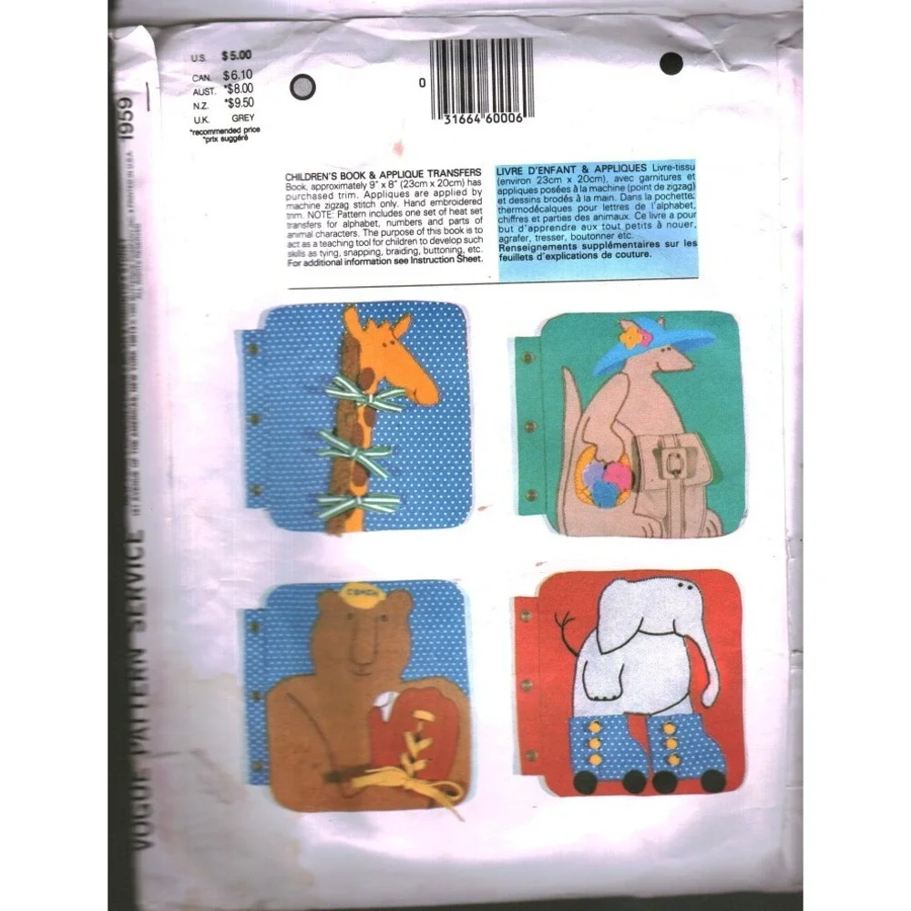 Vintage 1978 Vogue Patterns 1959 Its a Zoo Quiet Book Teaching Pets Pattern